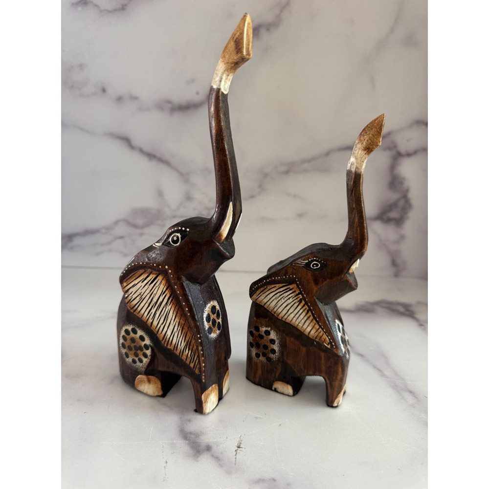 Vintage Hand Carved Wooden Elephant Pair Boho Safari Decor Trunks up good luck!